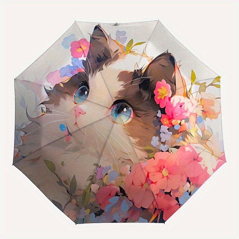 1pc Artistic Appealing Cat & Flowers Fully Automatic Folding Portable Umbrella, 8 Iron Frames, Three-Fold Design, Suitable for All Seasons,