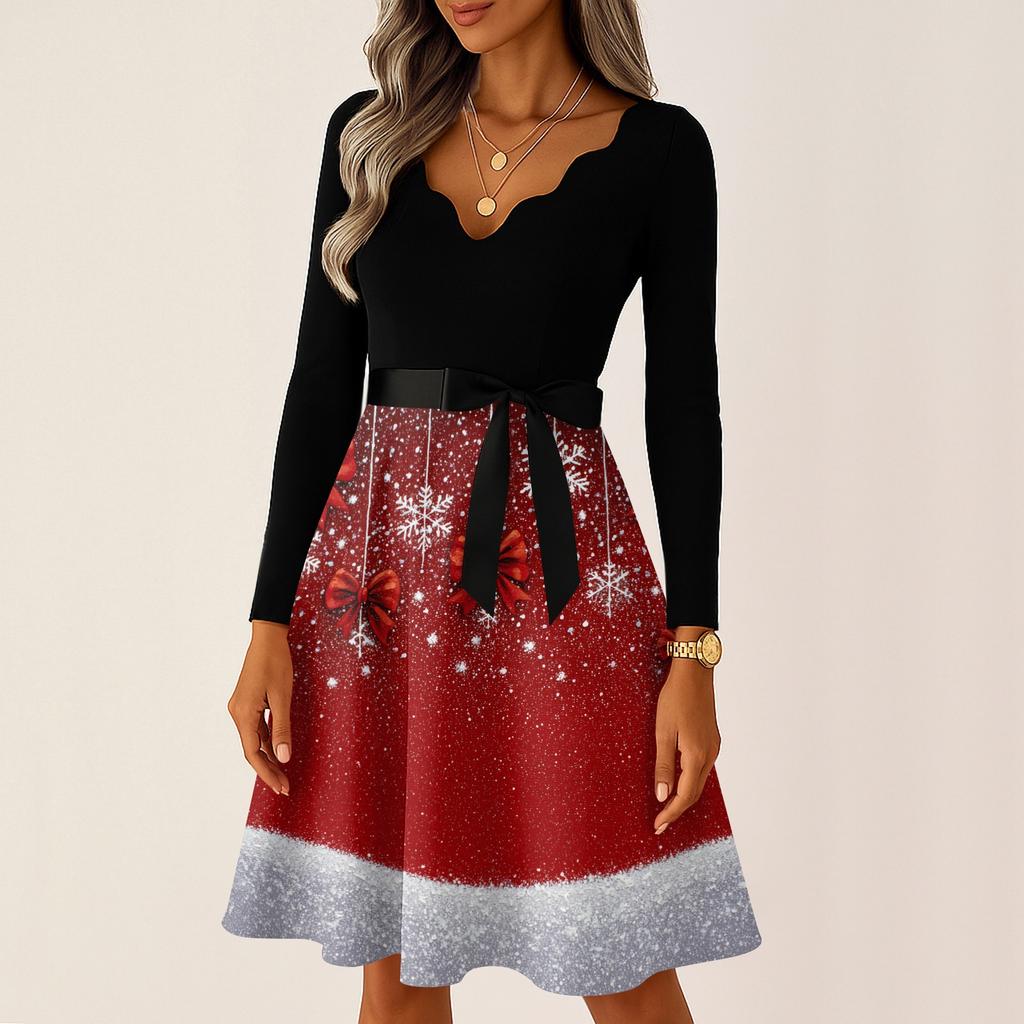 Women's Casual Fashion Long Sleeve Christmas Graphic Printed Vintage Long Dresses