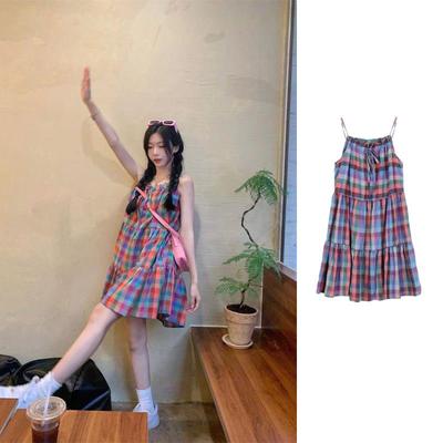 Korean Rainbow Plaid Suspender Dress - Women's Summer Sweet Loose Fit