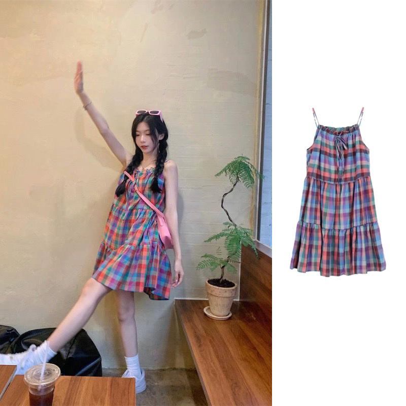 Korean Rainbow Plaid Suspender Dress - Women's Summer Sweet Loose Fit