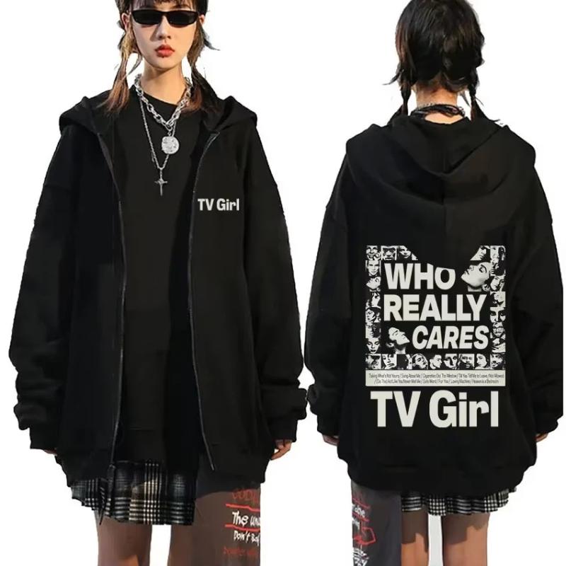 TV Girl, die sich wirklich kümmert, Grafikdruck Reißverschluss Hoodie Herren Damen Mode Lässig Übergroß Zip-Up Männliche Fleece-Sweatshirts