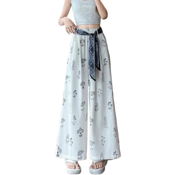 Women's Summer Ice Silk Printed Wide-Leg Pants with Elastic Waist