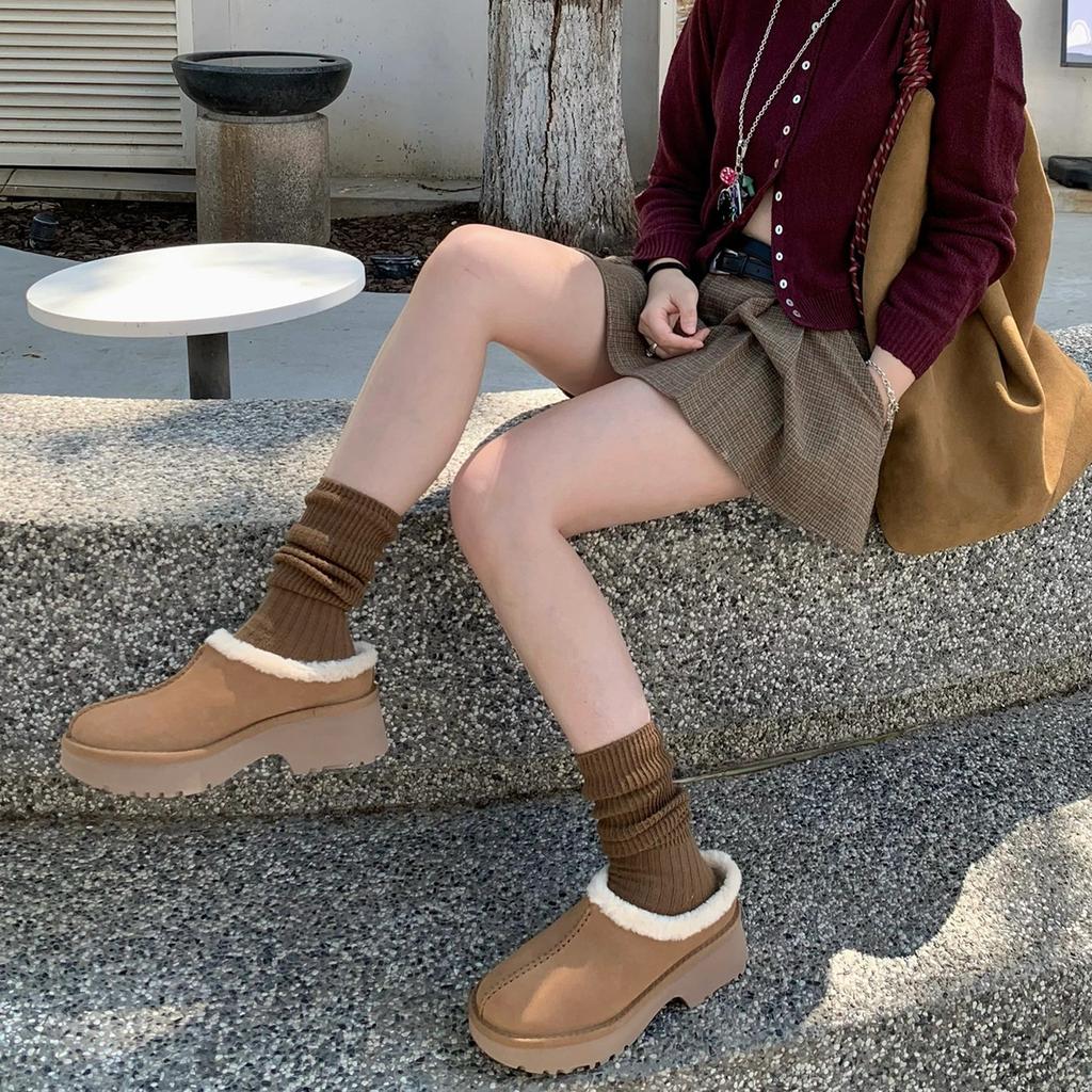Cowhide Version~ Ruth Thick-soled Snow Boots Women's Velvet Thermal Cotton Shoes, Half-towed Bag Head, and Fluffy Slippers