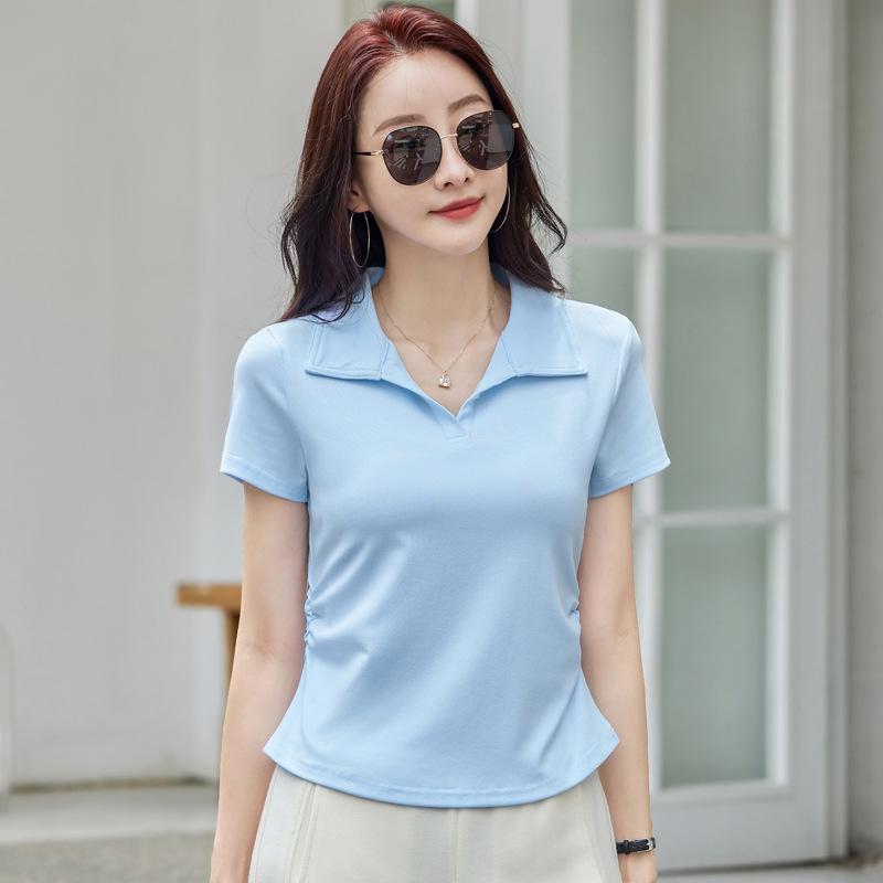 Turn-down Collar Short Sleeve T-shirt White Polo Shirt Women's Summer New Style Elegant Top Solid Color Casual T-shirt
