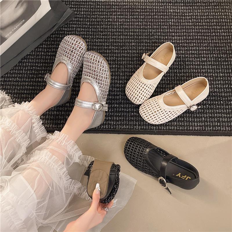 Single Shoes Women's French Mary Jane New Shallow Mouth Hollow Fishing Net Crocheted Silver 2025 Summer Roman Bean Shoes Women's Shoes