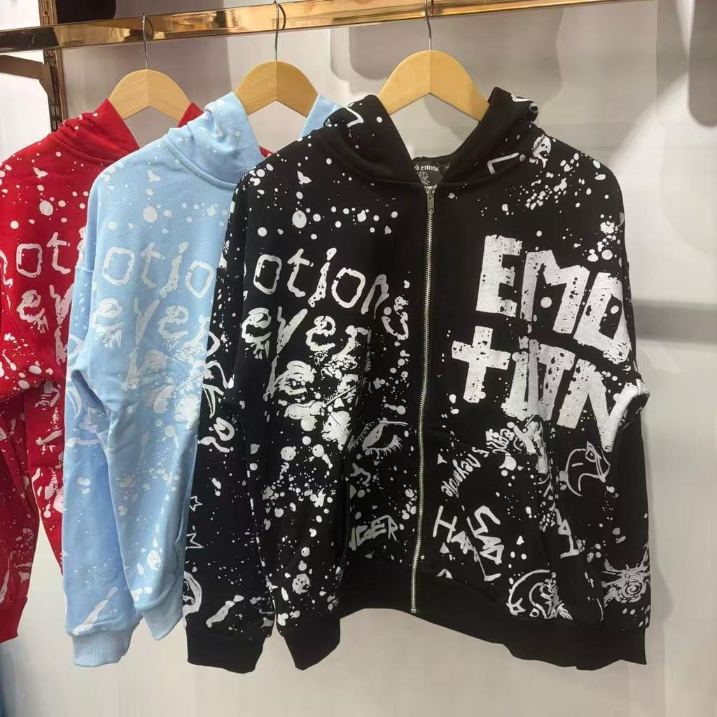 MIXED EMOTION American street style full-print letter-printed hoodie sweatshirt, loose zip-up cardigan, trendy style