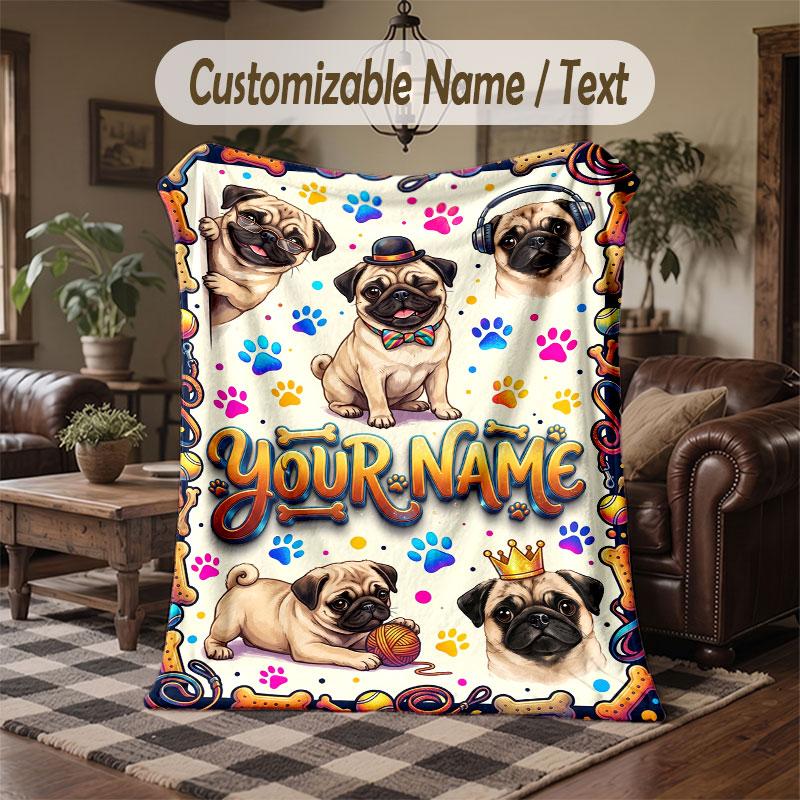 Pug Theme Throw Blanket Custom Name Text Personalized Blanket Soft Cozy Blanket for Home Sofa Bed