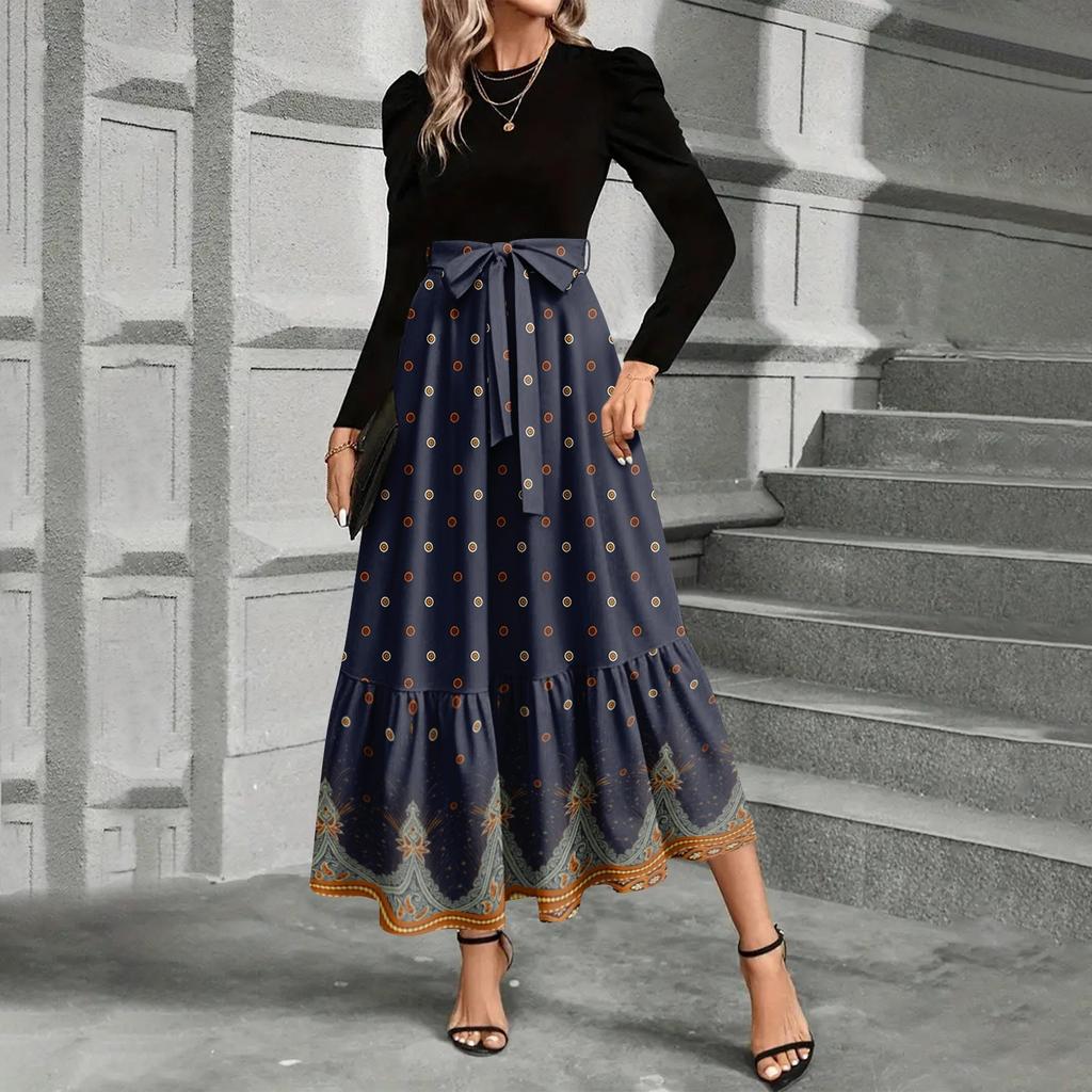 Women's Floral Print High Waist Fashionable And Elegant Dress