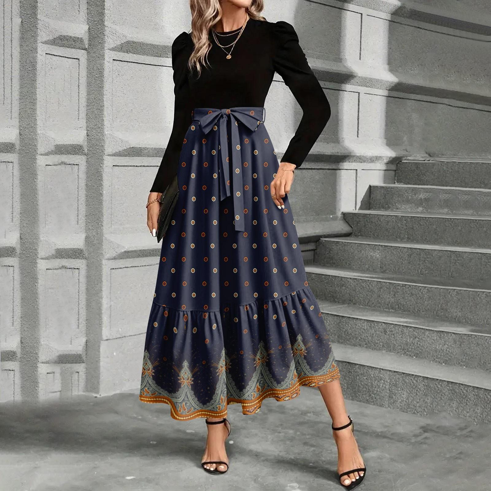 

Женское платье с цветочным принтом и высокой талией, модное и элегантное XL тёмно-синий