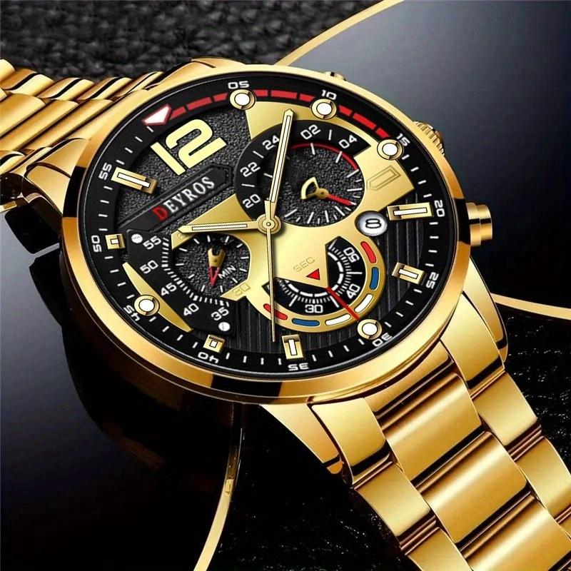 3pcs/set Fashion Men's Calendar Luxury Business Stainless Steel Quartz Wrist Watch & Bracelet Necklace Set, Best Gifts for Him