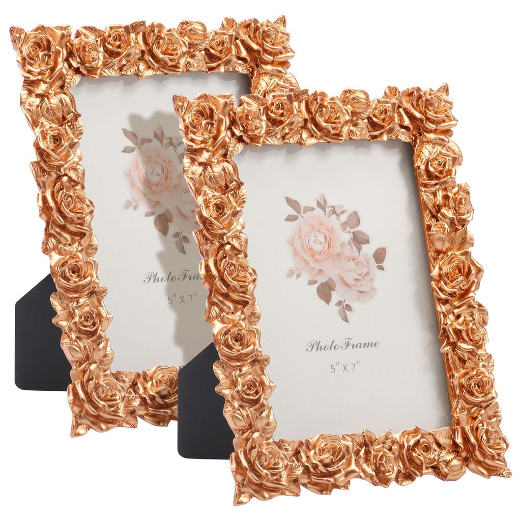 2Pcs Antique Picture Frame 5"x7" Resin Flower Photo Frame Vintage Photo Frames with Glass Front Tabletop Ornament for Home Decor