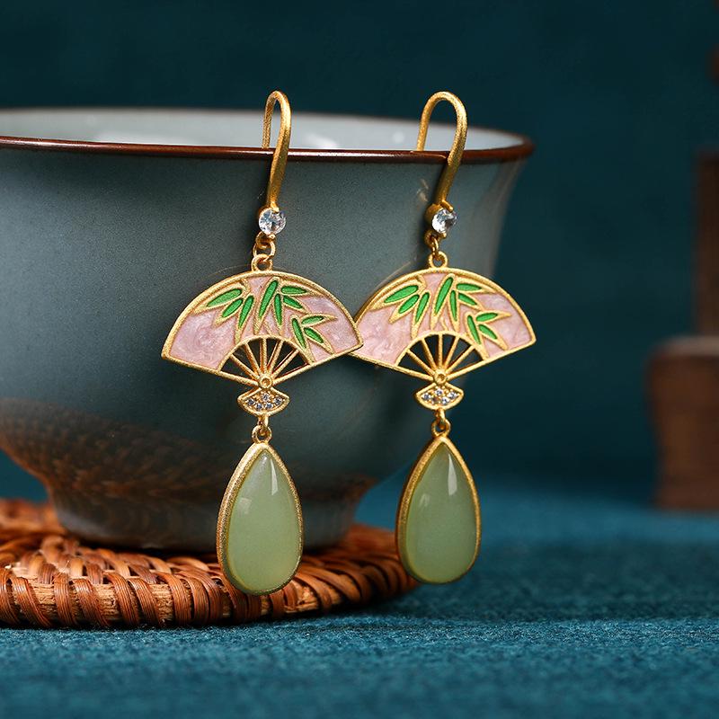 

Chinese Bamboo Fan-Shaped Earrings with Imitation Hetian Jade & Enamel