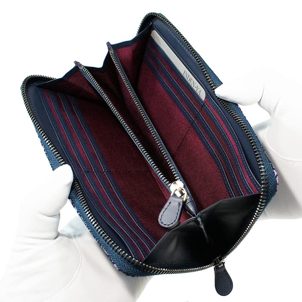 [Inden-ya] Inden Wallet, Long Wallet with Round Zipper, Deerskin Leather, Miso, Hydrangea Pattern, Navy Blue with Purple Chintz and Gray Lacquer, 8011