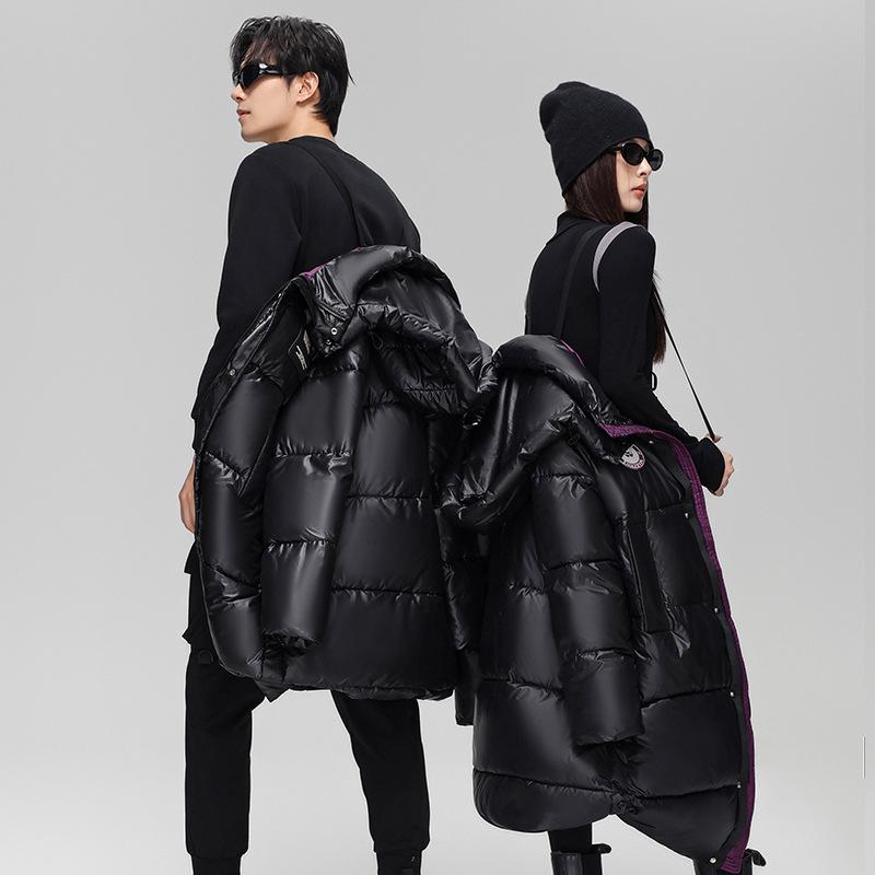 2024 Unisex Extra Long Hooded Black Cotton Jacket - Color Block Thickened Winter Coat