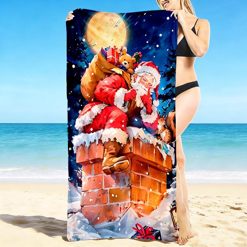 1Pc Santa Claus Climbs Chimney Beach Towel Quick Dry Multiuse For Beach Pool Gym Yoga Home Travel Christmas Halloween Xmas Gift S1123