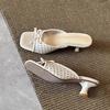 Sheepskin version~ Holiday style woven hollow sandals women's versatile bows one-word drag open-toed square head high heels summer