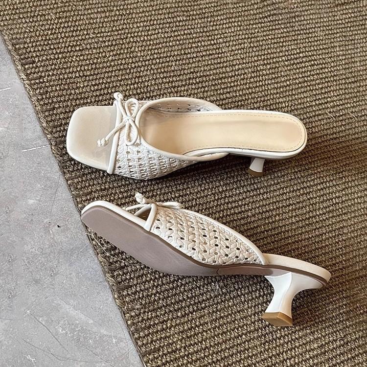 Sheepskin version~ Holiday style woven hollow sandals women's versatile bows one-word drag open-toed square head high heels summer