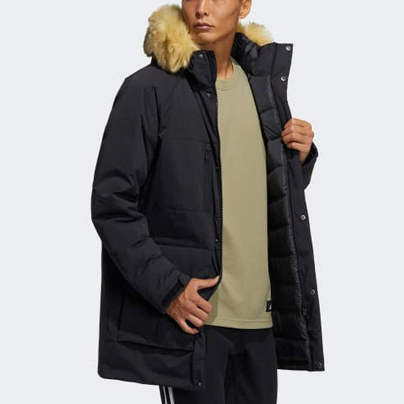 Adidas Down Parka Outdoor Solid Mid-Length Hooded Warm Down Jacket Men Outerwear Black H20761