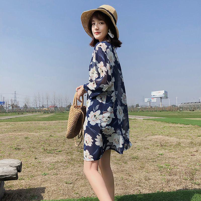 Women Mid-Length Chiffon Print Sun Protection Clothing Seven-Point Sleeve Holiday Cardigan
