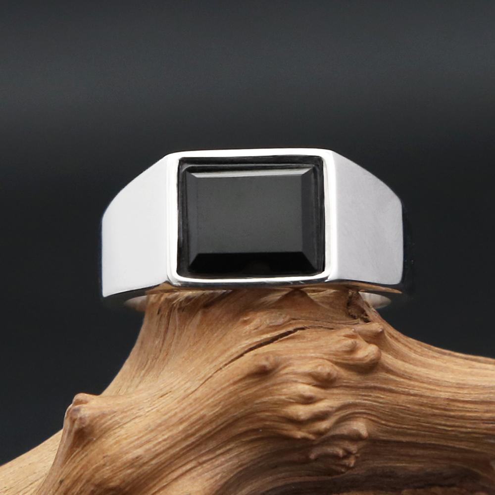 Gotische Punk Edelstahl Quadratische Stempel Fingerringe Für Männer Frauen Klassischer Schwarzer Stein Ring Partner Party Schmuck