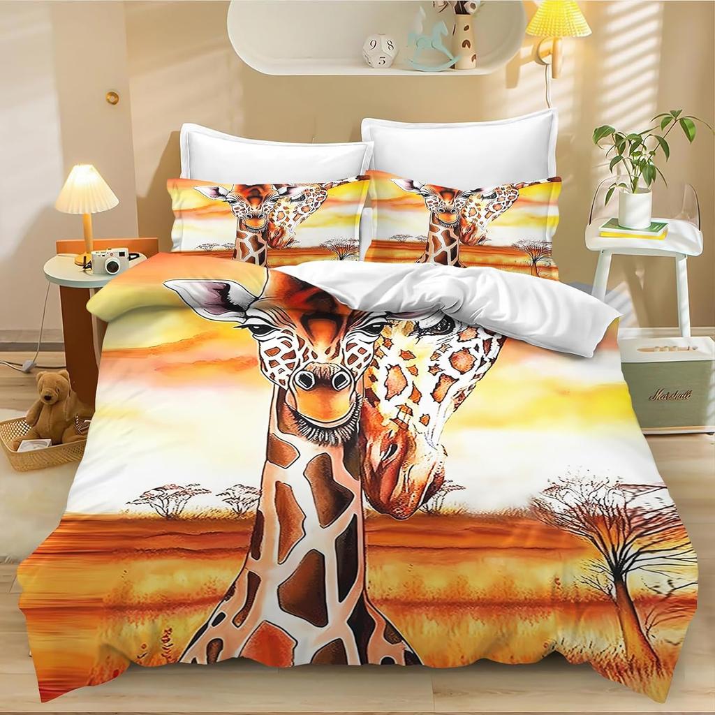 Giraffe Einzelbettwäsche-Set, Grasland Wildtier Gelbes Bettwäsche-Set für Kinder Erwachsene Set Weich mit Reißverschluss 2-teilig Giraffe Geschenke