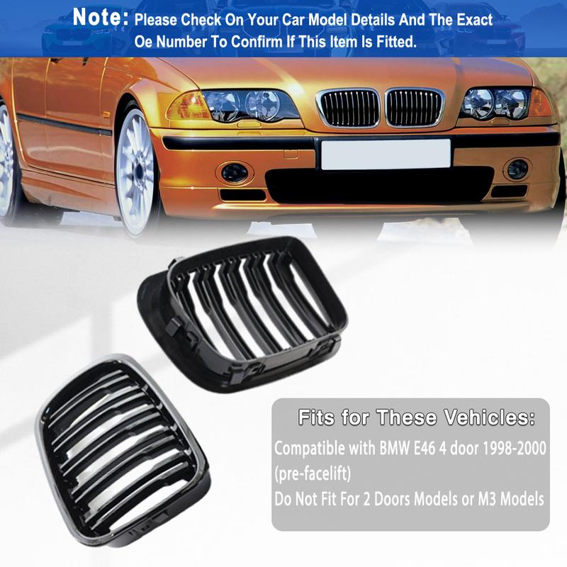 2 Pcs Car Front Bumper Kidney Grille Grill Racing Grills Double Line For BMW E46 4 door  1998 1999 2000 Glossy Black