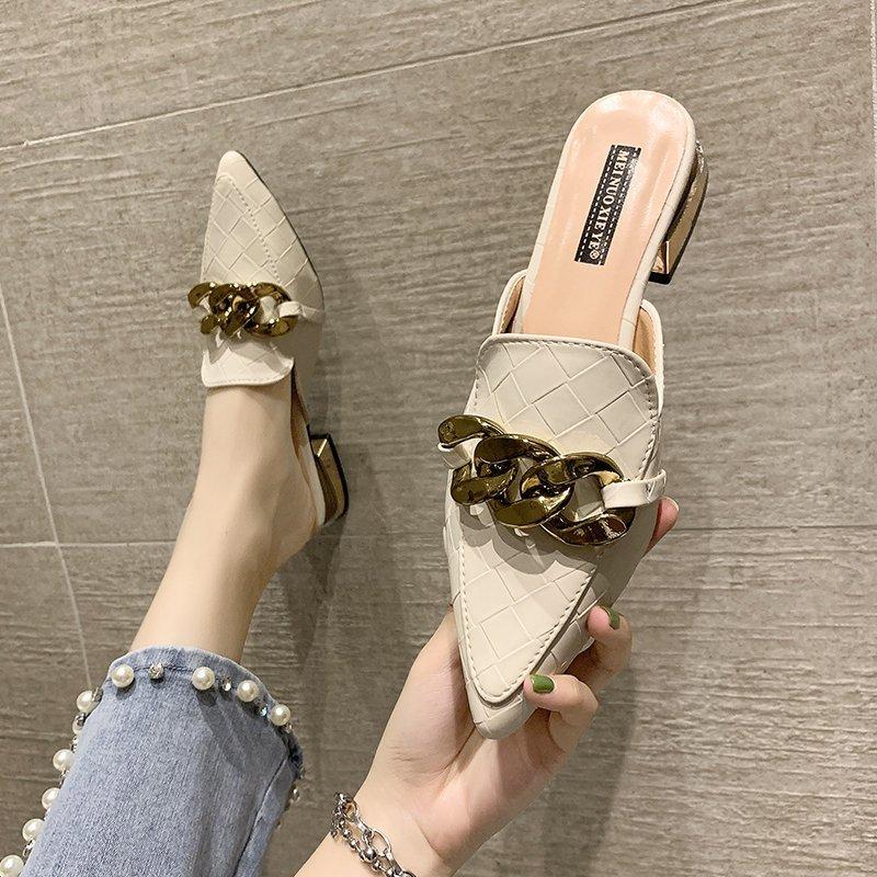 New Women Mules Pointed Toe Low Heels Chain Fashion Office Ladies Fashion Pumps Sandals  Shoes Autumn PU Office Footwear Oiu9drt