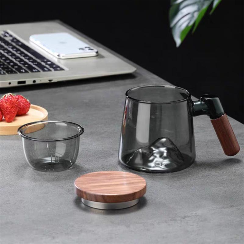 350ml Mountain View Bottom Glass Tea Cup With Wood Handle Chinese Puer Cups High Quality And Convenient Kung Fu Tea Cup Set