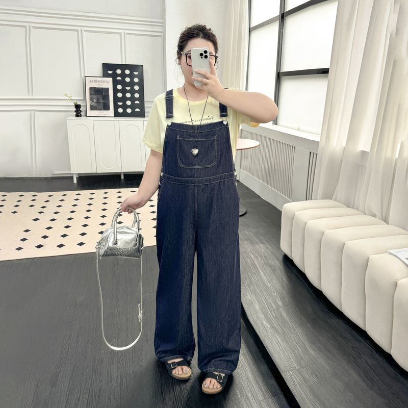 

Plus size women clothing [Korean Series Denim Overalls] Retro Age-Reducing Summer Loose Belly Covering All-Match Wide-Leg Pants