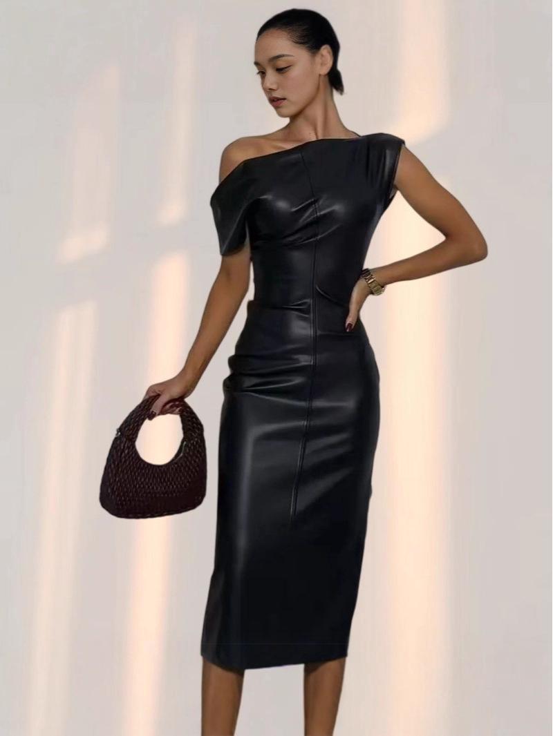 

Европейский и американский стиль, драпированное платье из искусственной кожи для осени/зимы 2052 Large чёрный