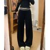 Women's Black Patchwork Wide-Leg Pants - High Waist, Loose, Slimming, Plus Size, Floor-Length for 2026 Spring/Summer.