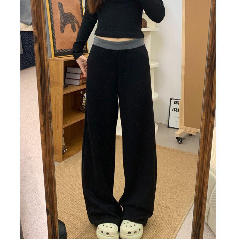 

Women s Black Patchwork Wide-Leg Pants - High Waist, Loose, Slimming, Plus Size, Floor-Length for 2026 Spring/Summer. S