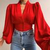 Spring and Autumn Women's Temperament Button V-neck Lantern Sleeve Blouse Shirt