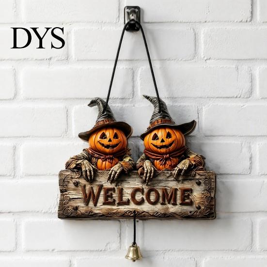Halloween Wooden Door Hanger Welcome Hanging Sign, Vintage Farmhouse with Skeleton Pumpkin Unique Skull Ghost Decor Ghost, Decorative Plaque Bell for