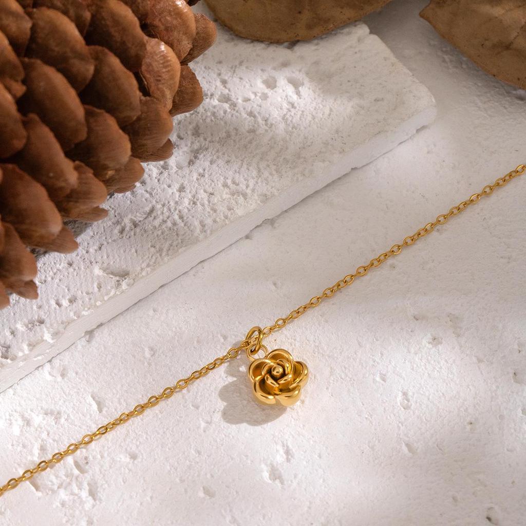 Xia Ling Minimalist Rose Pendant Necklace, Stainless Steel with Long-Lasting Titanium Finish.