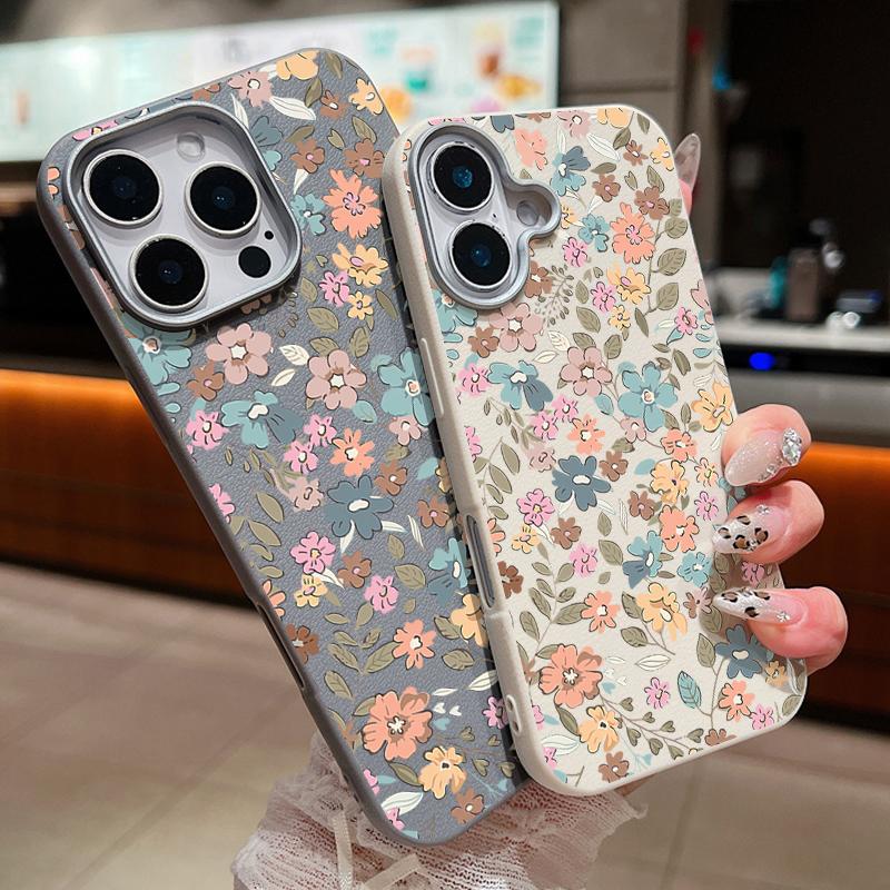 Little Fresh Flower Print Leather Texture Phone Case For iPhone 16 Pro Max 15 Plus 14 Pro 13 12 11 Matte Slim Shockproof TPU Soft Bumper Cover