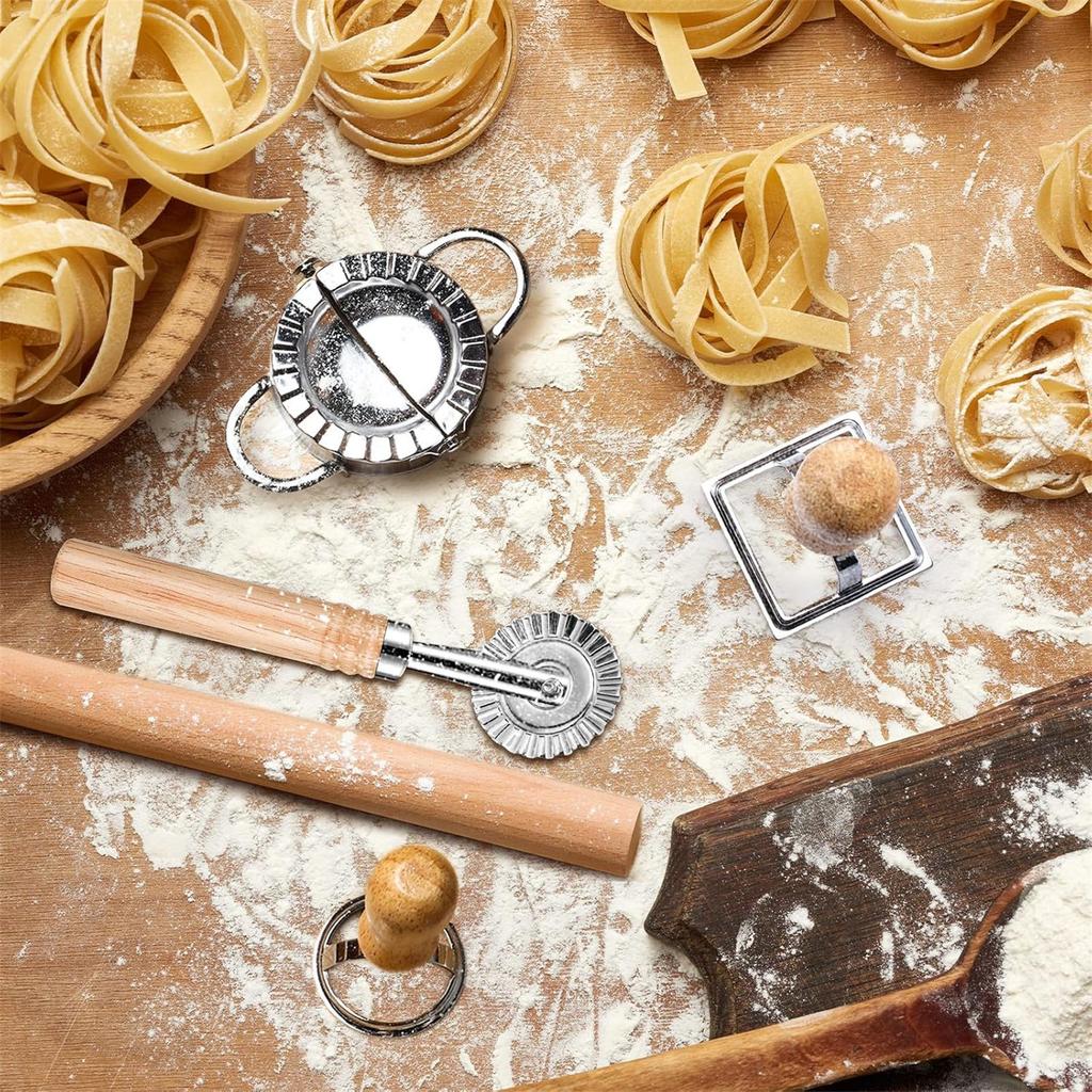 Wood Threaded Rolling Pin Pasta Tool Set Dough Scraper Gnocchi Board Dumpling Maker Ravioli Stamp Cutter Wood Texture