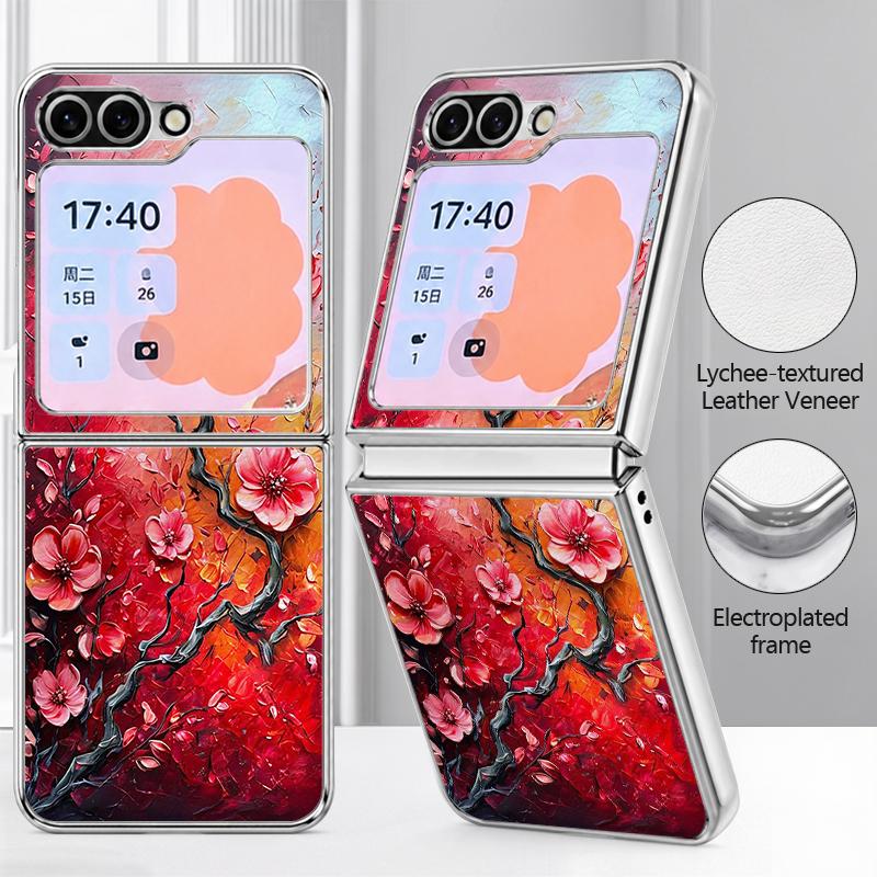 Oil Painting Flower Pattern Case For Samsung Galaxy Z FlIP 7 FE 6 5 Plating PC+PU Leather Hybrid Folding Cover For Samsung Z Flip7 Flip6 Flip5