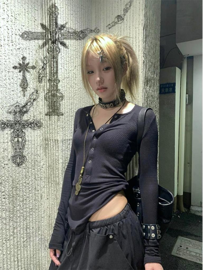 Y2k Japanese T Shirt Women Lace Long Sleeve Print Graphic Tops Streetwear American Retro 90s Crop Tops