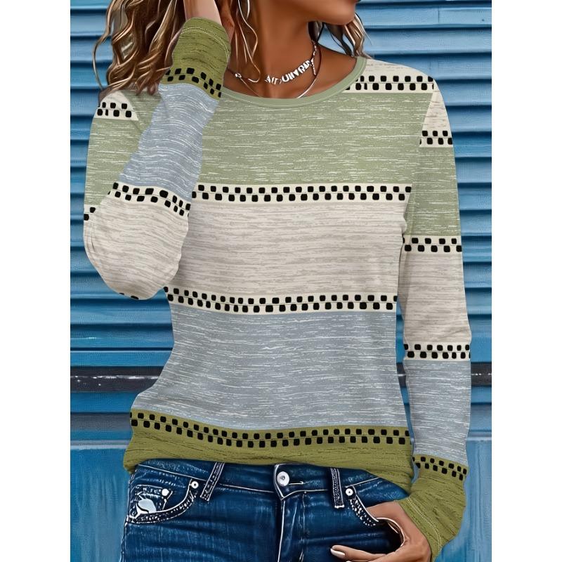 Elegant women's round neck long-sleeved T-shirt with horizontal stripes and polka dot geometric pattern fabric, soft and comfortable