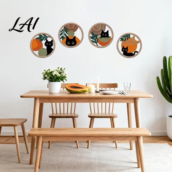 Decorative Cat Sign 4Pcs Black Wall Decor Set Boho Cartoon Hanging Art Art Set Farmhouse Rustic Wooden Plants for Bedroom Living Room Office Animal