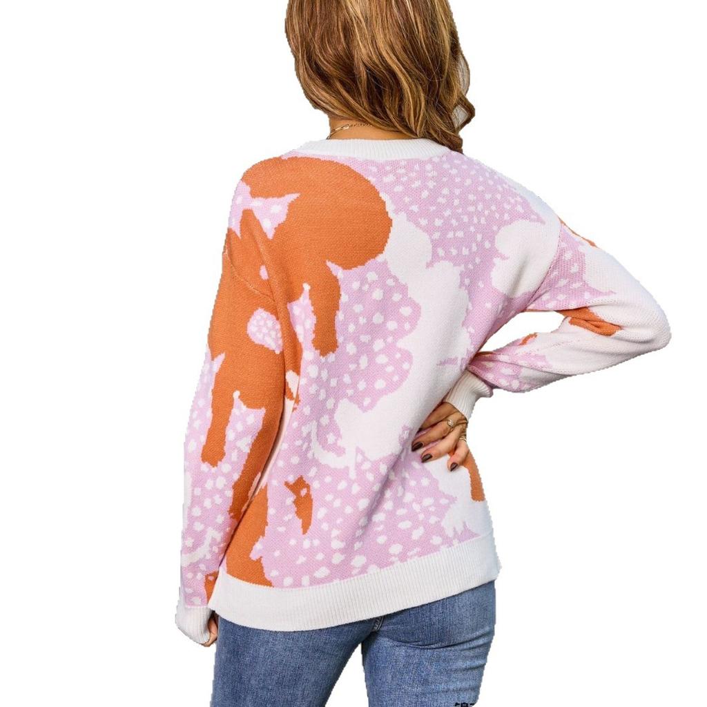 New Autumn and Winter Style Pullover Round Neck Jacquard Colorful Long-sleeved Sweater for Women, Fashionable and Casual Knitted Sweater
