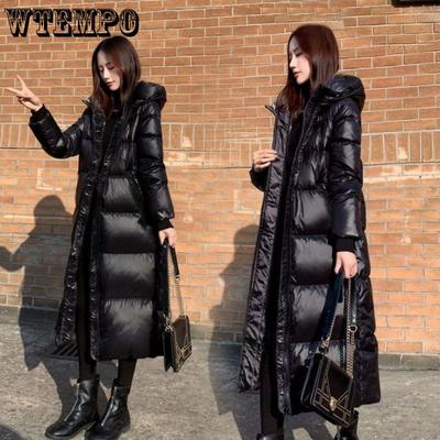 Czarna kurtka puchowa damska luźna długa i błyszcząca kurtka pikowana bawełną damska pogrubiona ciepła i dopasowana kurtka pikowana bawełną