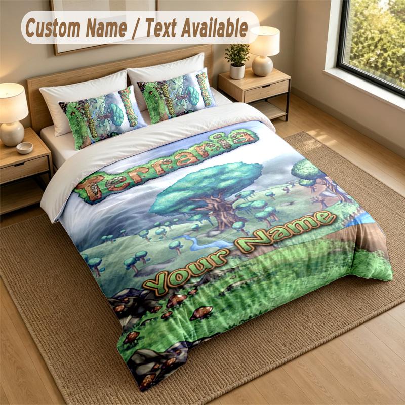 3Pcs Bedding Set Custom Name Text, 1 Sheet 2 Pillowcases Home Bed DecorTerraria