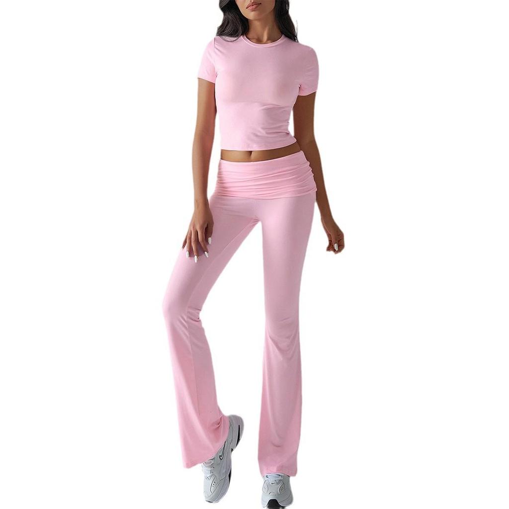 European & American Women's Slim Fit Short Sleeve Long Pants Suit - Spring/Summer 2025 Collection, Casual Solid Color.