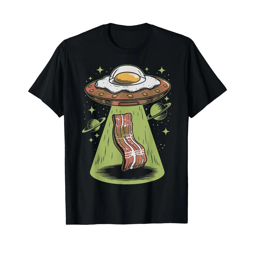 Funny Ufo Egg Abducting Bacon Breakfast Food Lover T Shirt Vintage Stretched Top For Everyday Wear Casual Comfortable