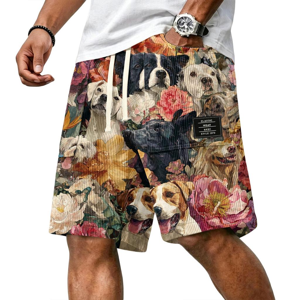 Men's Casual Corduroy Drawstring Shorts Hawaiian Style Floral Dog Print Lightweight Comfortable Fit Summer Beachwear