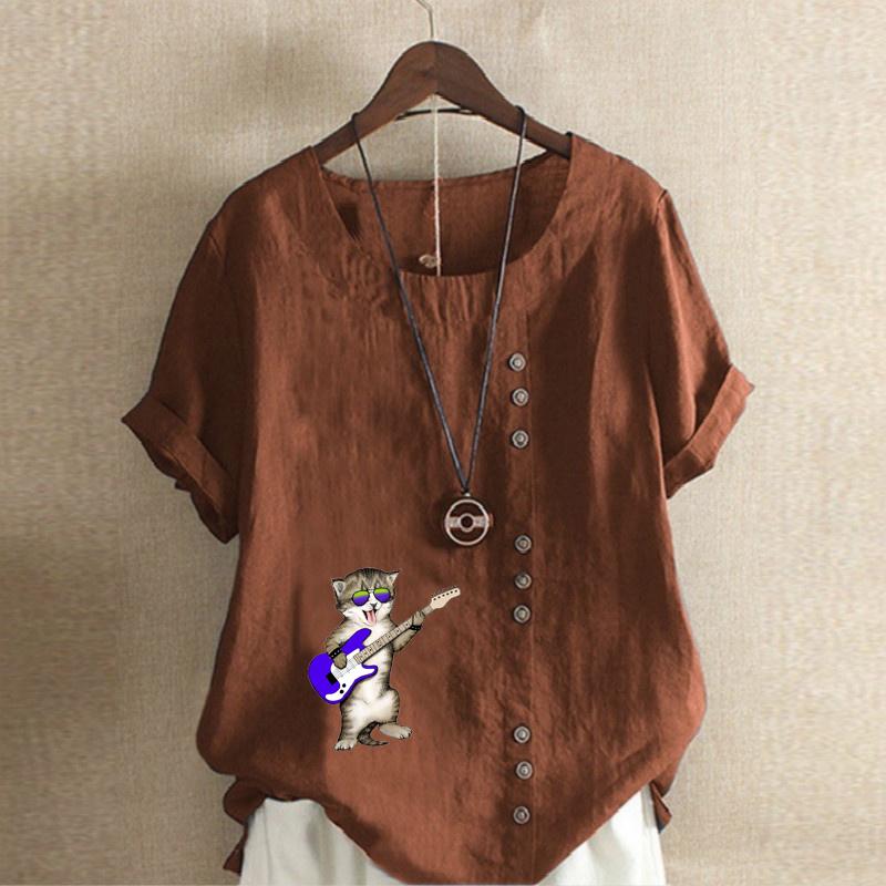 Women's Fashion Talking About His Cat Prined Short Sleeve T-shirt Loose Cotton Shirt Casual Loose Summer Blouse Plus Size Tops