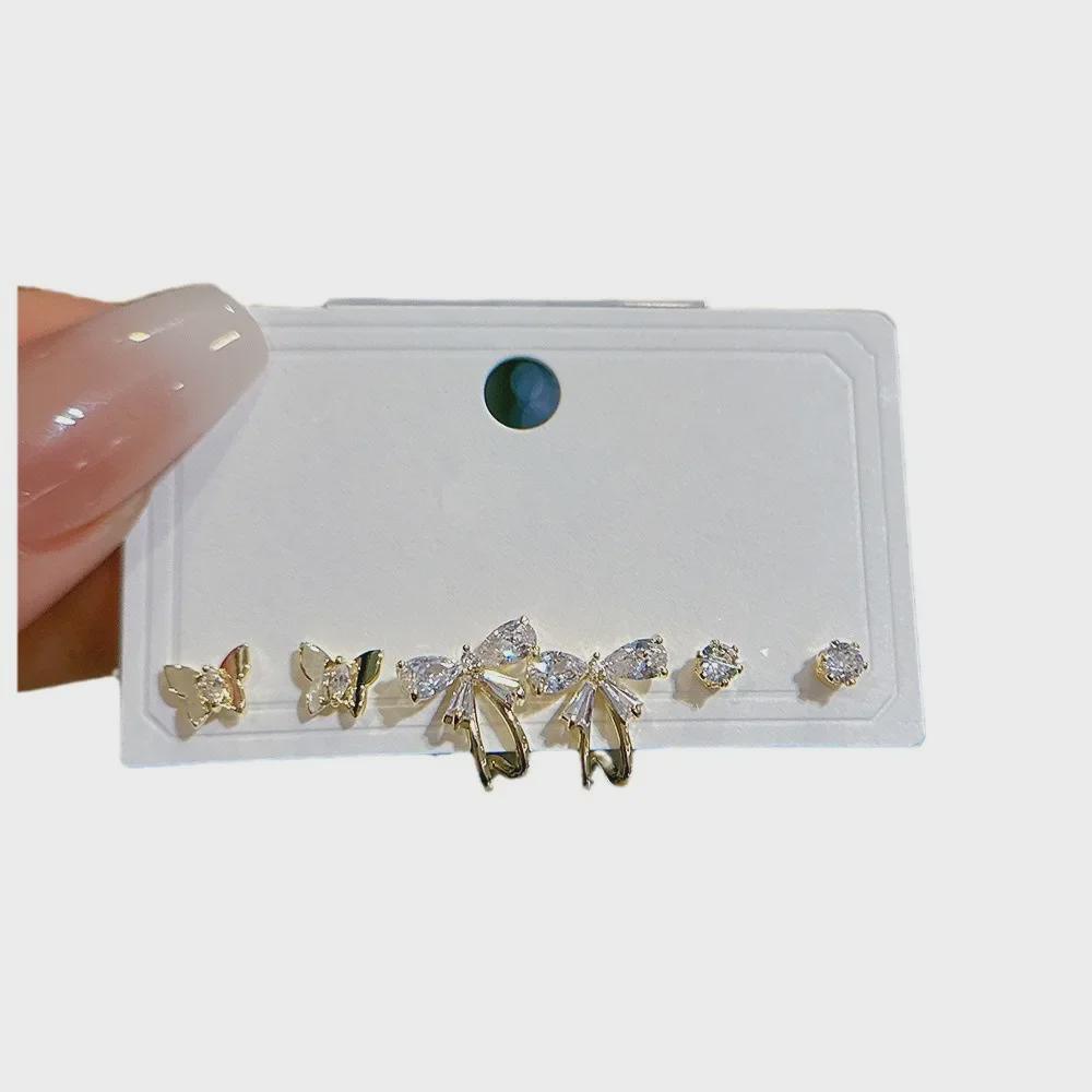 925 Silber Nadel Ohrring Set - Goldene Schleife und Persönlichkeitsdesigns, Drei Paare