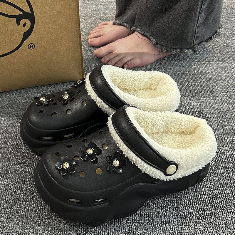 New velvet hole shoes women's winter non-slip outer wear cotton shoes heightened thick-soled home removable cotton slippers